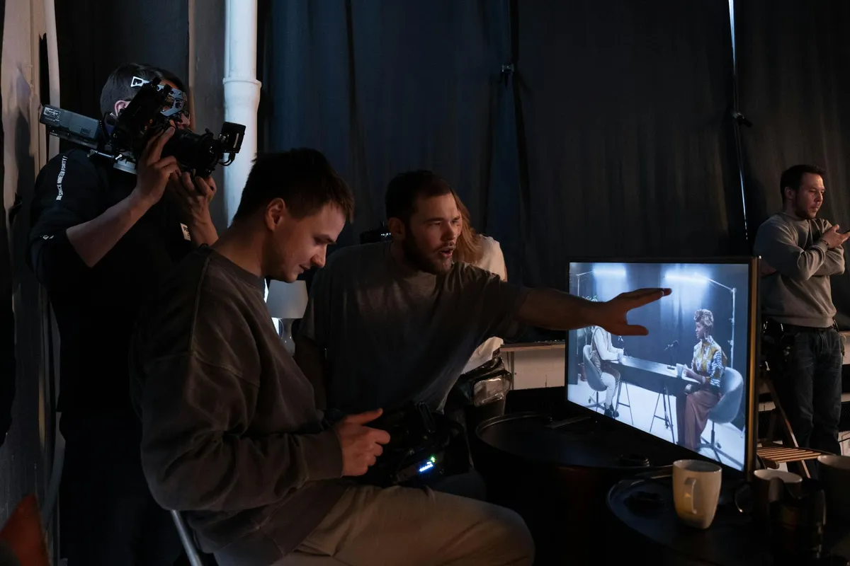 A film set with crew at work